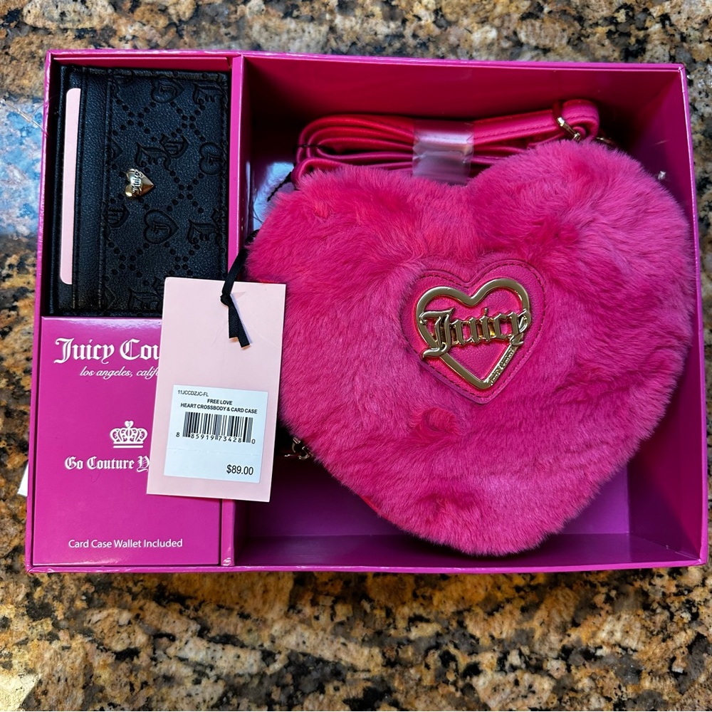 New Juicy Couture Hot Pink Mini Faux Fur Heart‎ Purse & Credit Card Holder Set
